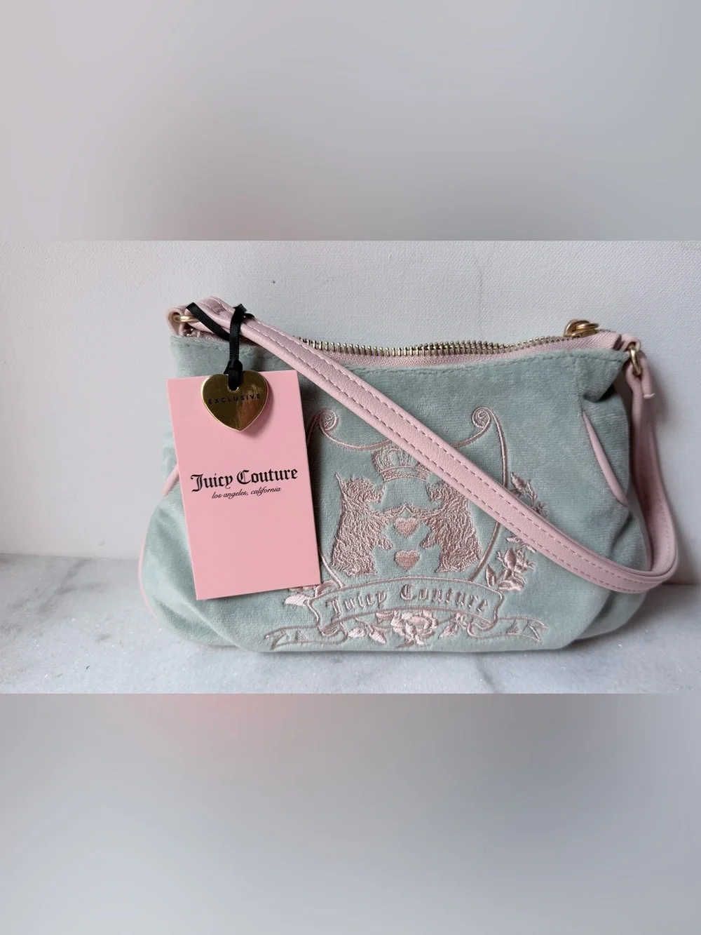 Juicy Couture Mint and Pink Embroidered Crest mini Bag Scottie dod